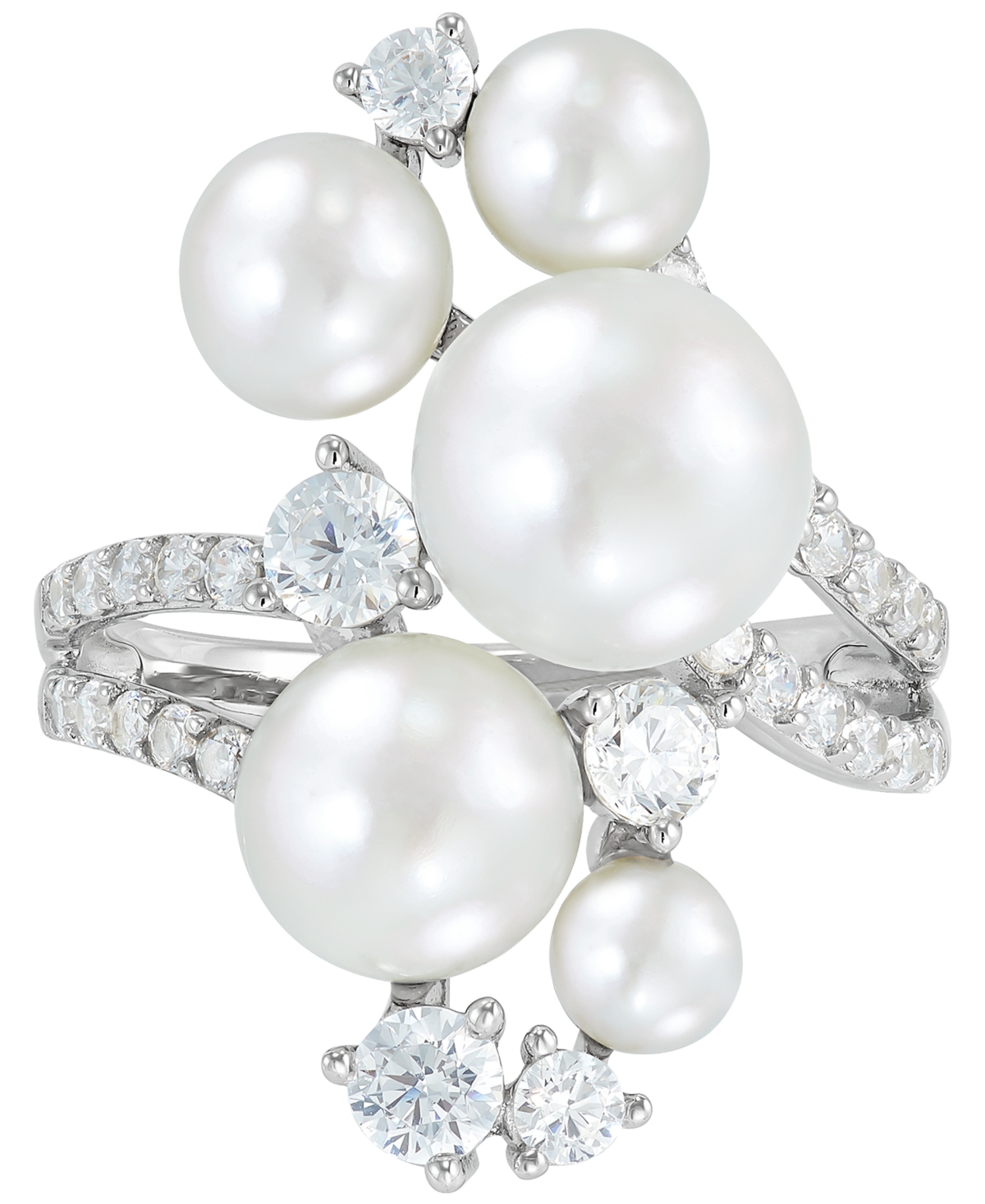 Arabella Cultured Freshwater Button Pearl (4 - 9-1/2mm) & Cubic Zirconia Cluster Ring - Sterling Silver