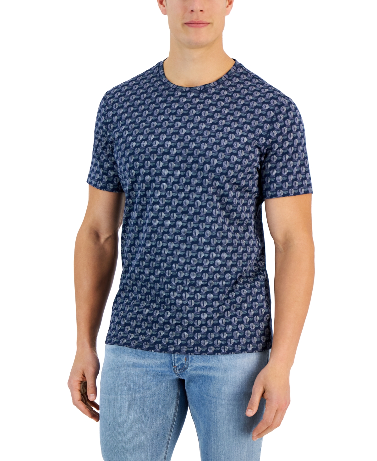 Alfani Above Short Sleeve Crewneck Geo Pattern T-shirt, Created For Macy's In Neo Navy