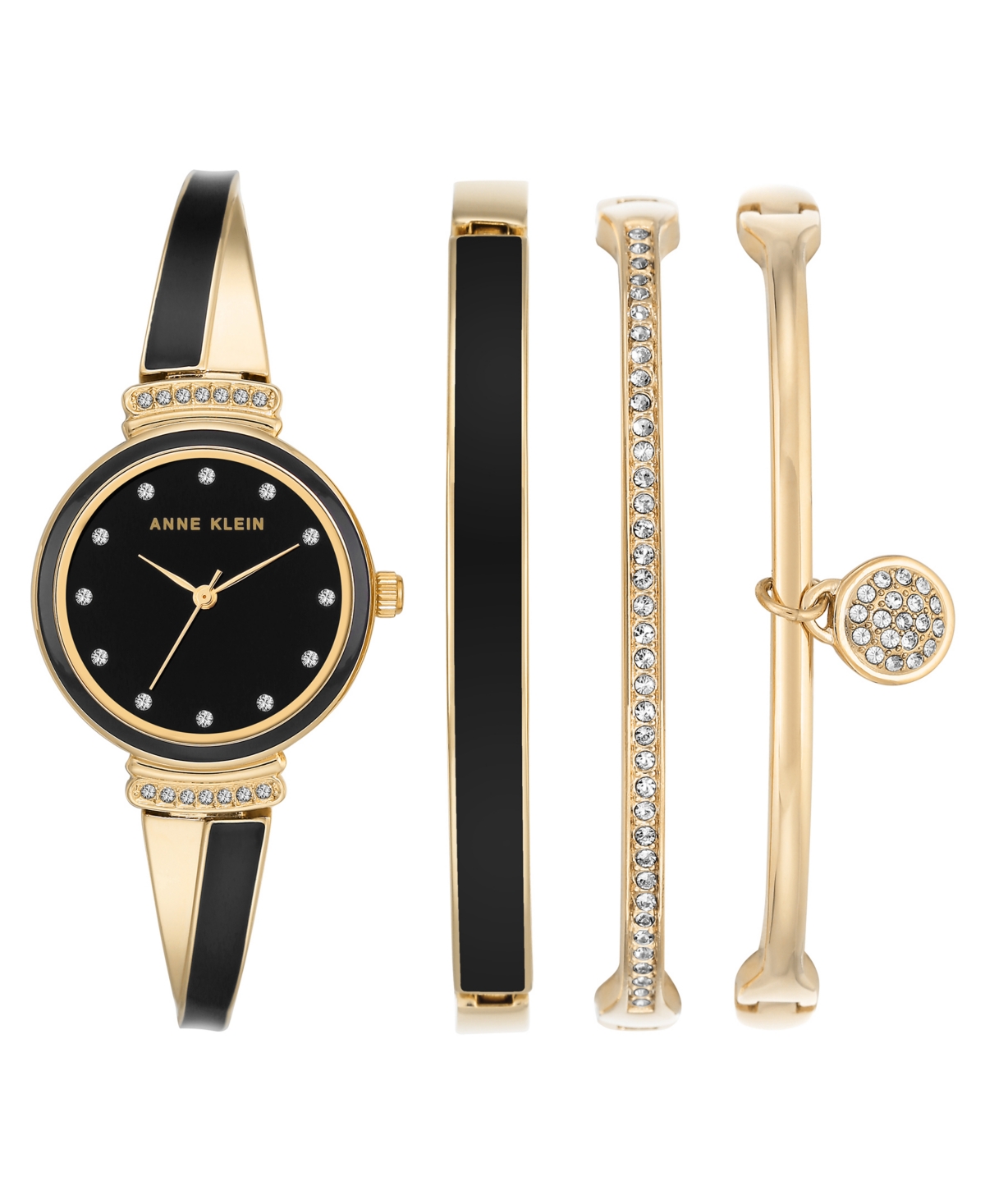 Women's Gold-Tone Alloy Bangle with Black Enamel Fashion Watch 33.5mm and Bracelet Set - Black, Gold-Tone