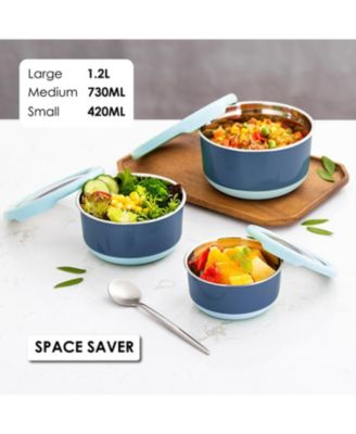 Stainless Steel Food Containers, Set of 3, 420ML, 730ML,1.2L, Blue