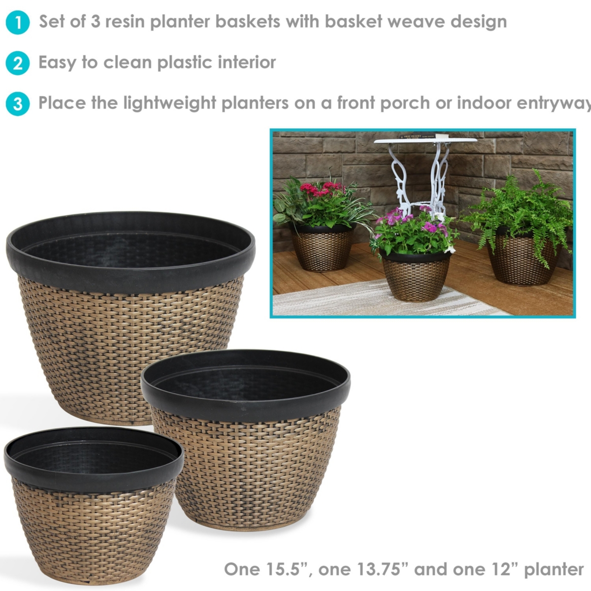 Sunnydaze Decor Resin Basketweave Outdoor Planter in, in, - Set of 3