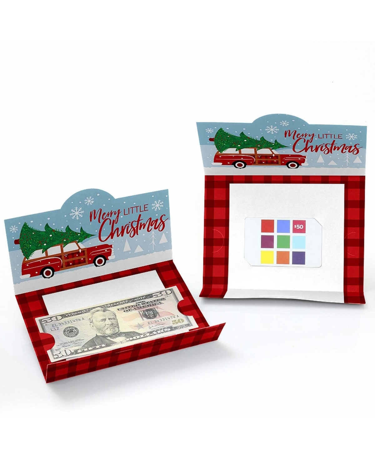 Big Dot of Happiness Merry Little Christmas Tree -Truck and Car Money & Gift Card Holders - 8 Ct - Red