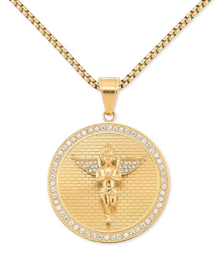 LEGACY for MEN by Simone I. Smith Crystal Angel Disc 24 Pendant Necklace  in Gold-Tone Ion-Plated Stainless Steel - Macy's
