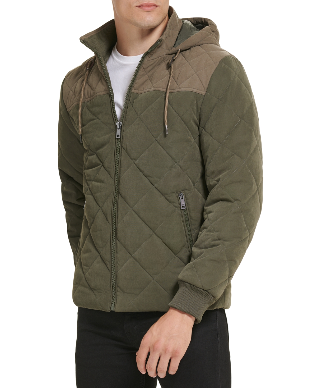 Kenneth Cole Men's Colorblock Hooded Quilted Jacket In Olive