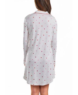 Women's Kyley Heart Print Button Down Sleep Shirt with Contrast Red Trim