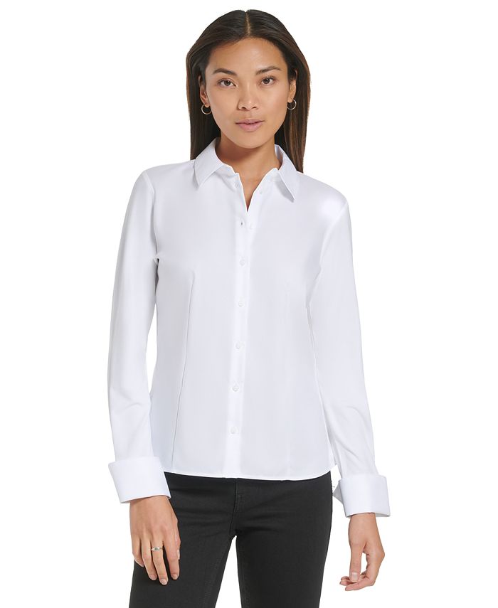 Calvin Klein Knit Combo Button Down Shirt & Reviews - Tops - Women - Macy's