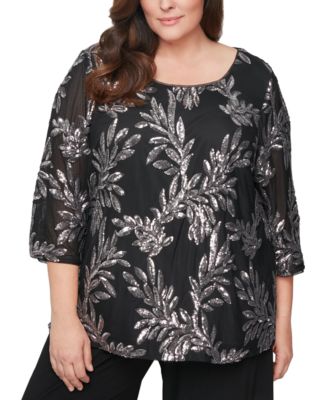 Alex Evenings Plus Size Sequined Scoop-neck 3/4-sleeve Top In Black ...