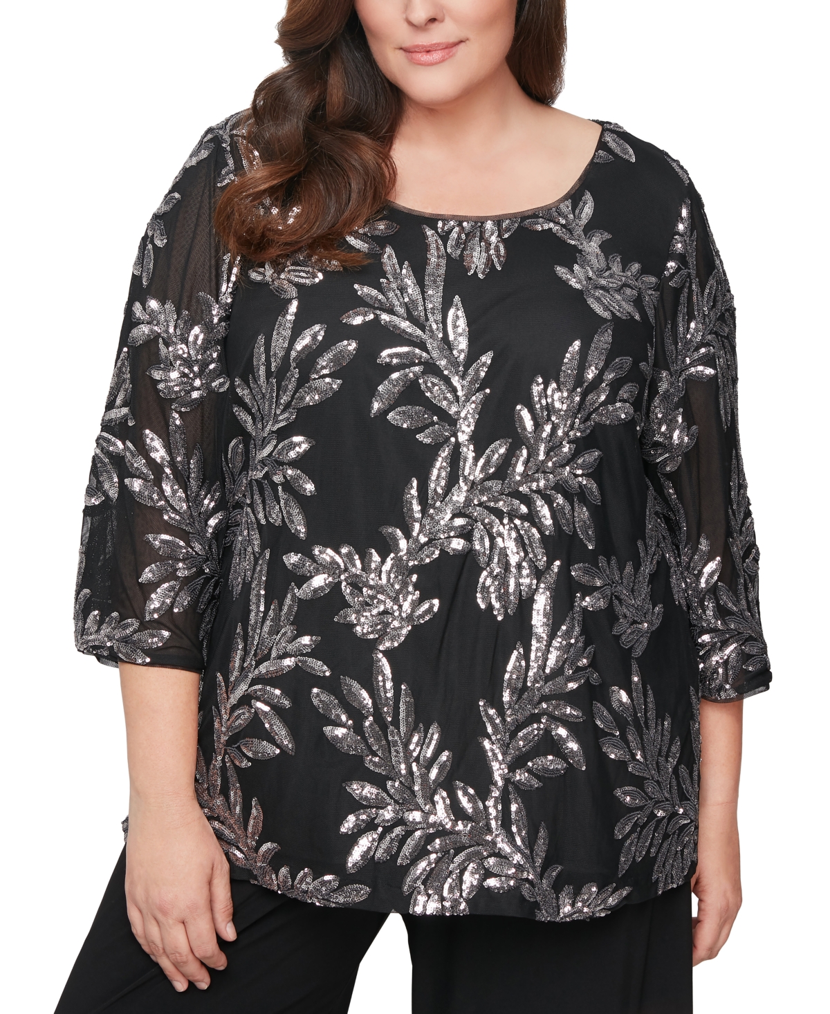 Alex Evenings Plus Size Sequined Scoop-neck 3/4-sleeve Top In Black Pewter