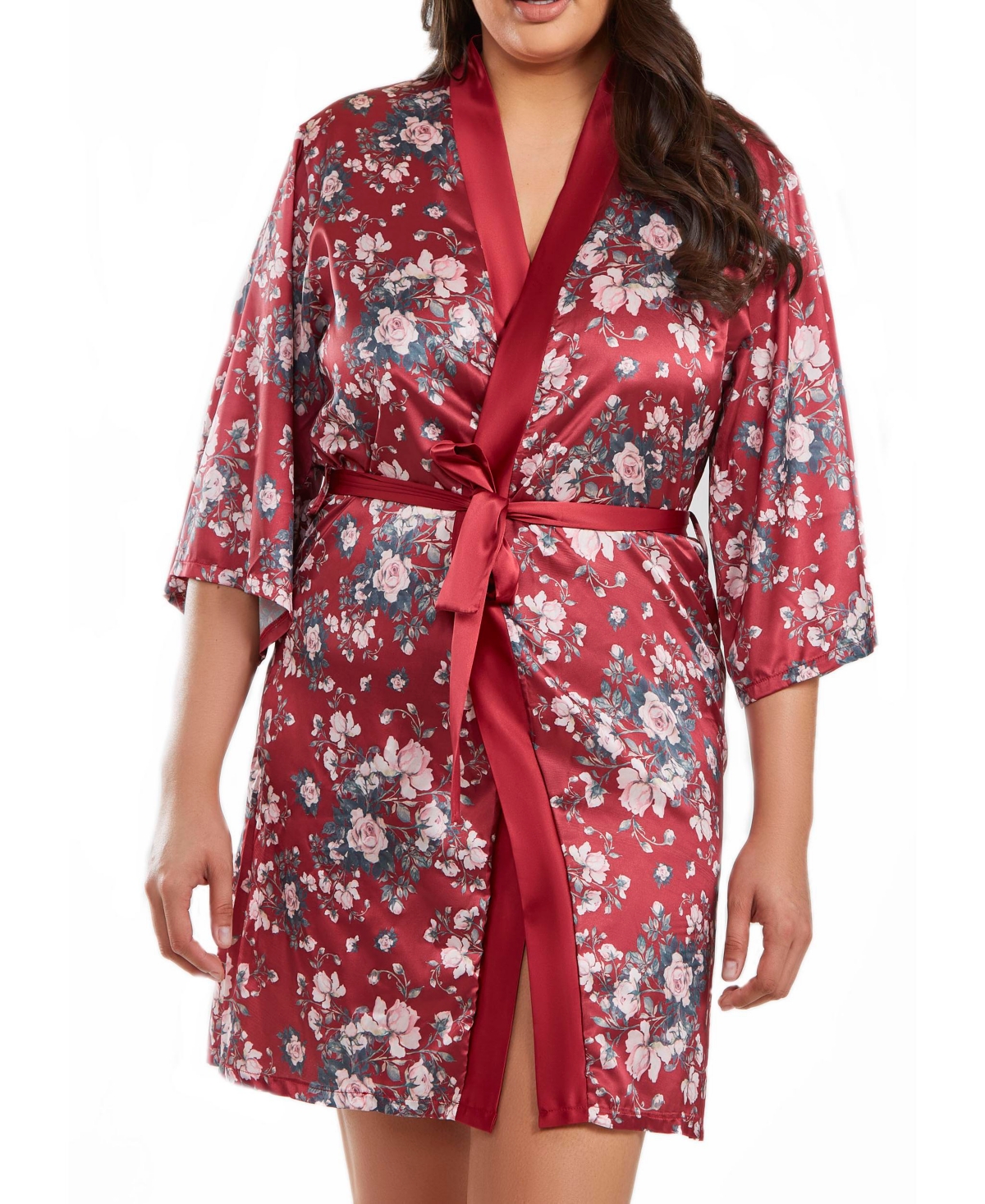 Shop Icollection Jenna Plus Size Contrast Satin Floral Robe With Self Tie Sash, 1 Piece In Burgundy