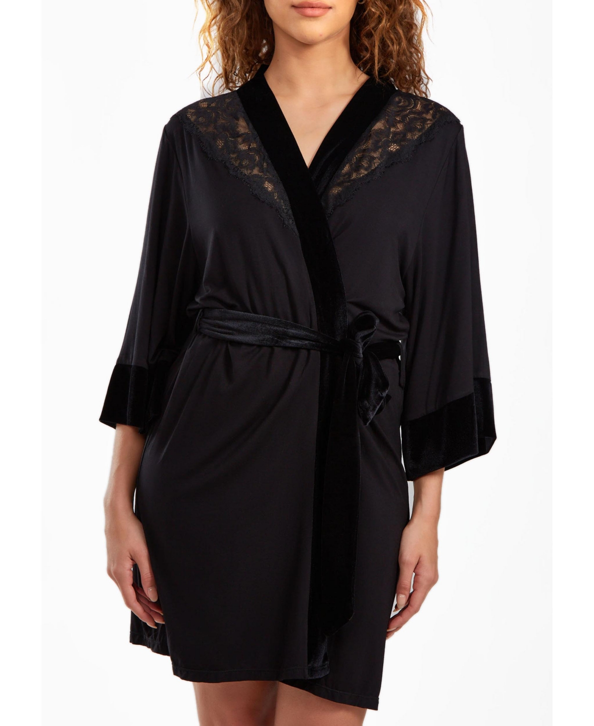 Icollection Women's Layna Velore And Velvet-textured Lace Trimmed Self Tie Robe In Black