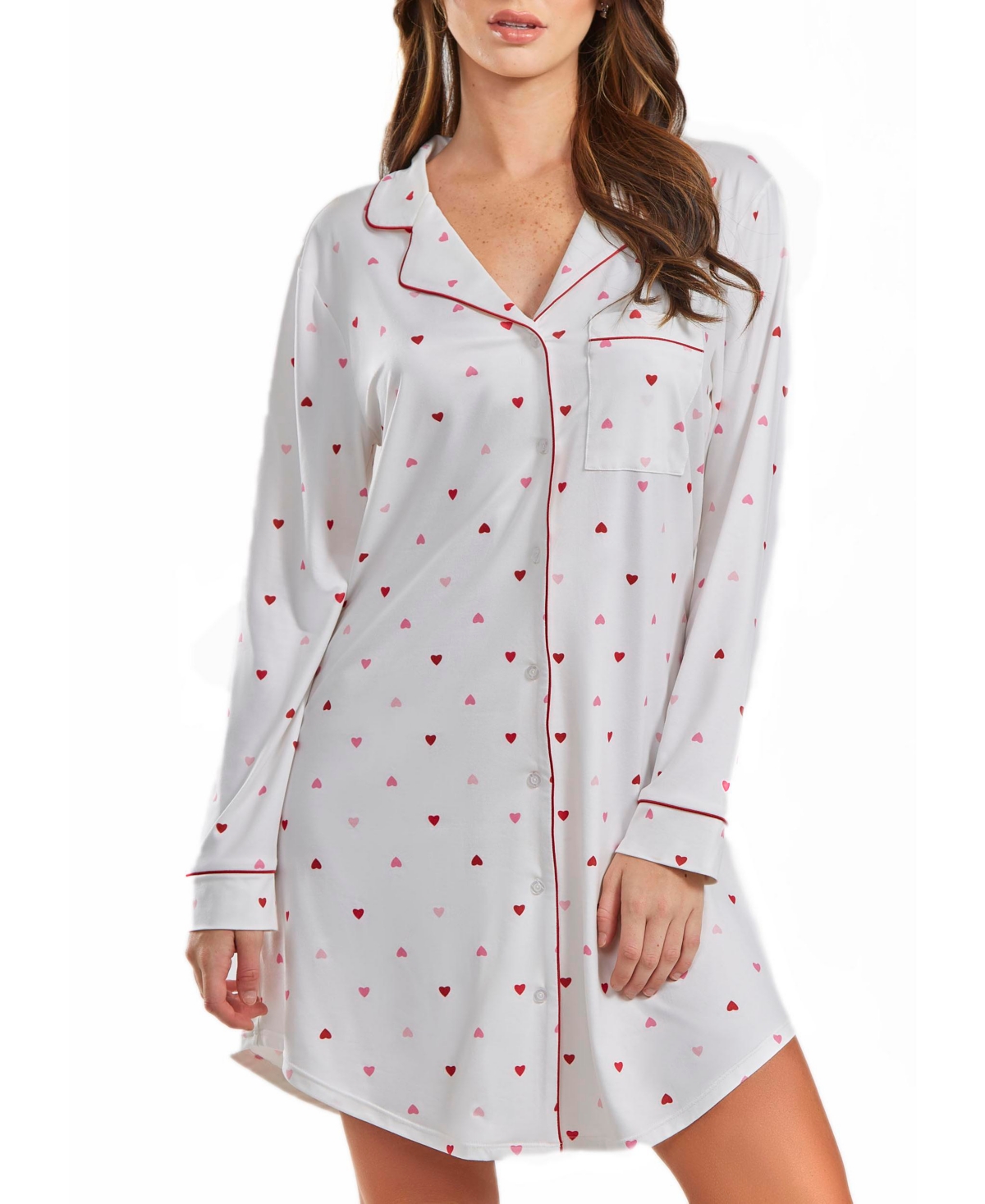 Icollection Kyley Plus Size Heart Print Button Down Sleep Shirt With Contrast Red Trim In White-red