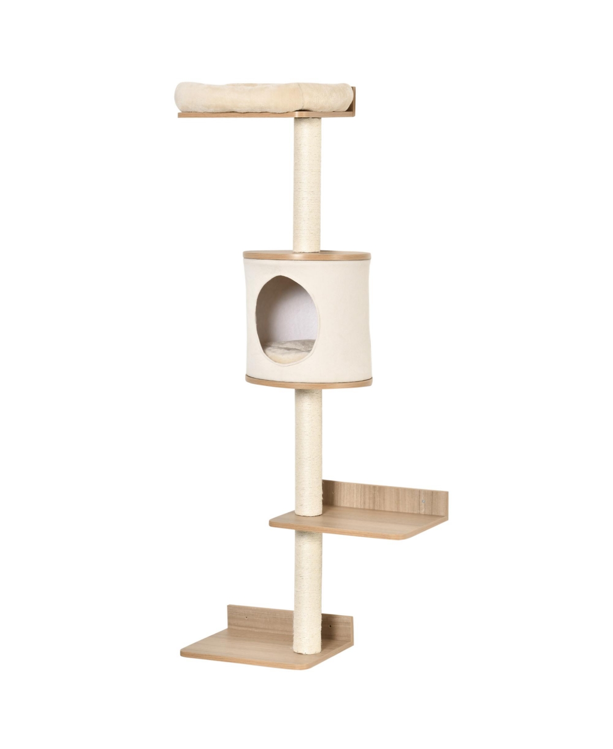 4-Level Wall Mounted Cat Tree Activity Center w/ Bed Scratching Posts - Brown