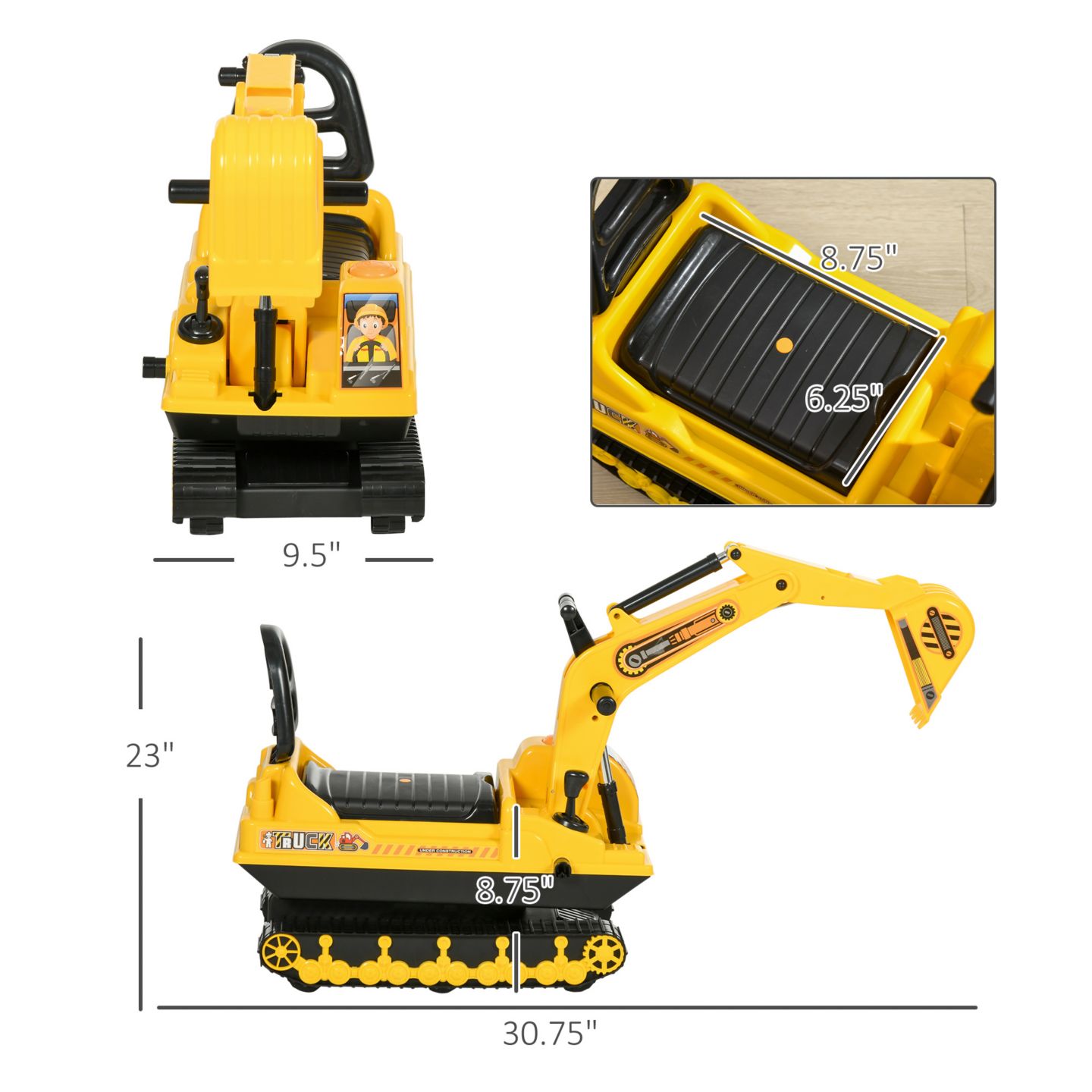 Детская игрушка Qaba Excavator Ride-On with Storage, 30.75"L x 9.5"W x 23"H, 66-lb. Capacity, Ages 18-48 Months — фото 3