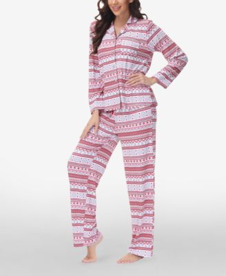Women's Printed Long Sleeve Notch-Collar Pajama Set, 2 Piece