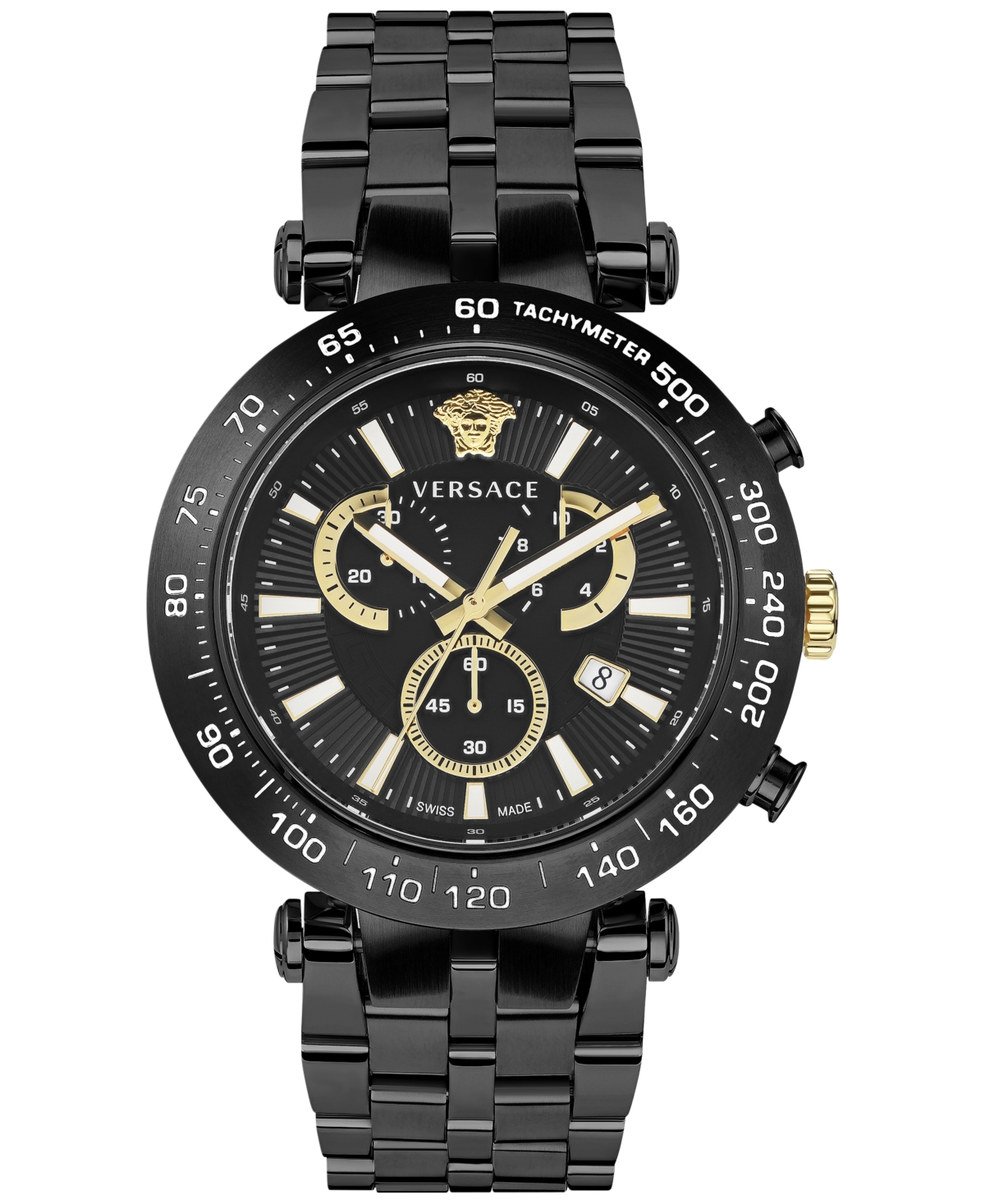 Versace Men's Swiss Chronograph Bold Black Ion Plated Bracelet Watch 46mm In Ip Black