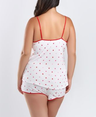iCollection Kyley Plus Size Heart Printed Pajama Short Set Trimmed in Red