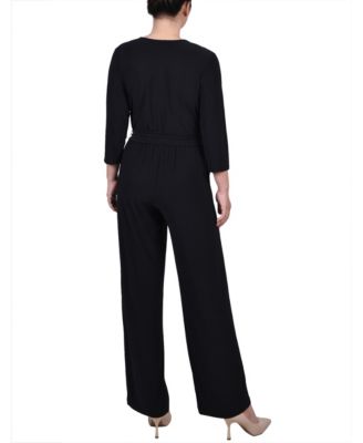 Petite Short 3/4 Sleeve Belted Wide Leg Jumpsuit