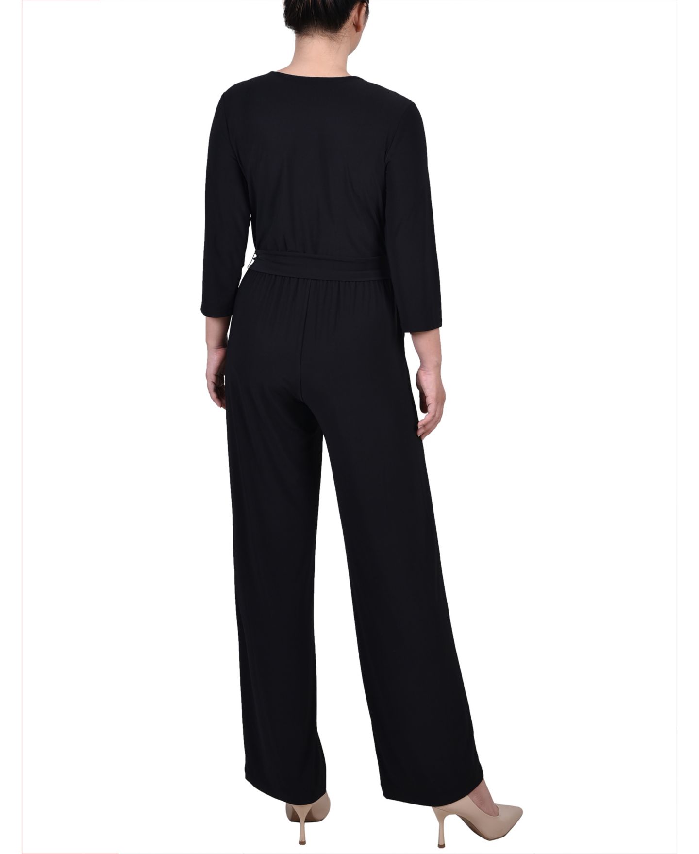 Женский комбинезон NY Collection Petite Short 3/4 Sleeve Belted Wide Leg Jumpsuit, цвет: Чёрный — фото 2