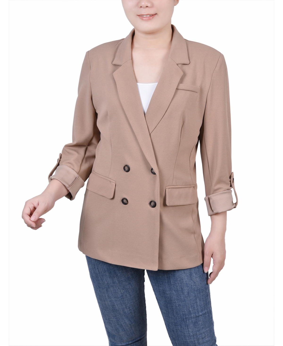 Shop Ny Collection Petite Long Sleeve Double Breasted Crepe Blazer In Stucco