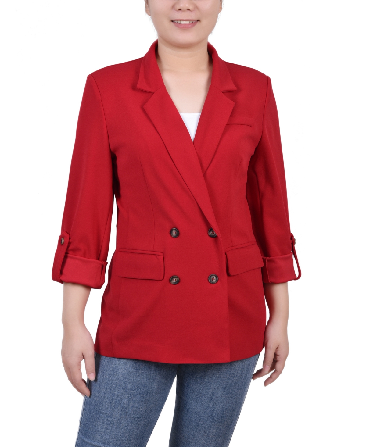 Shop Ny Collection Petite Long Sleeve Double Breasted Crepe Blazer In Jester Red