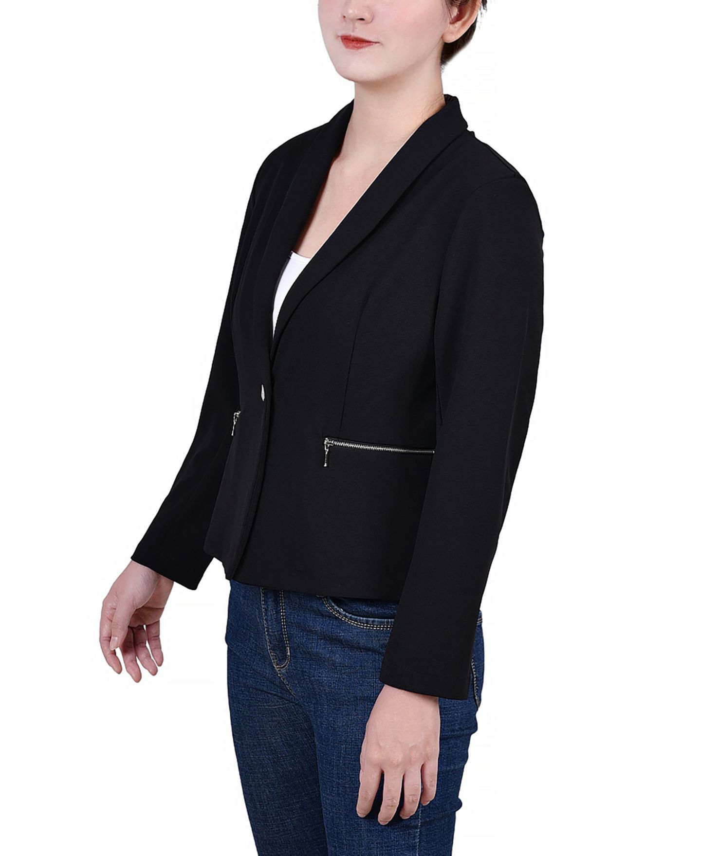Женская куртка NY Collection Petite Cropped Long Sleeve Crepe, цвет: Чёрный — фото 3