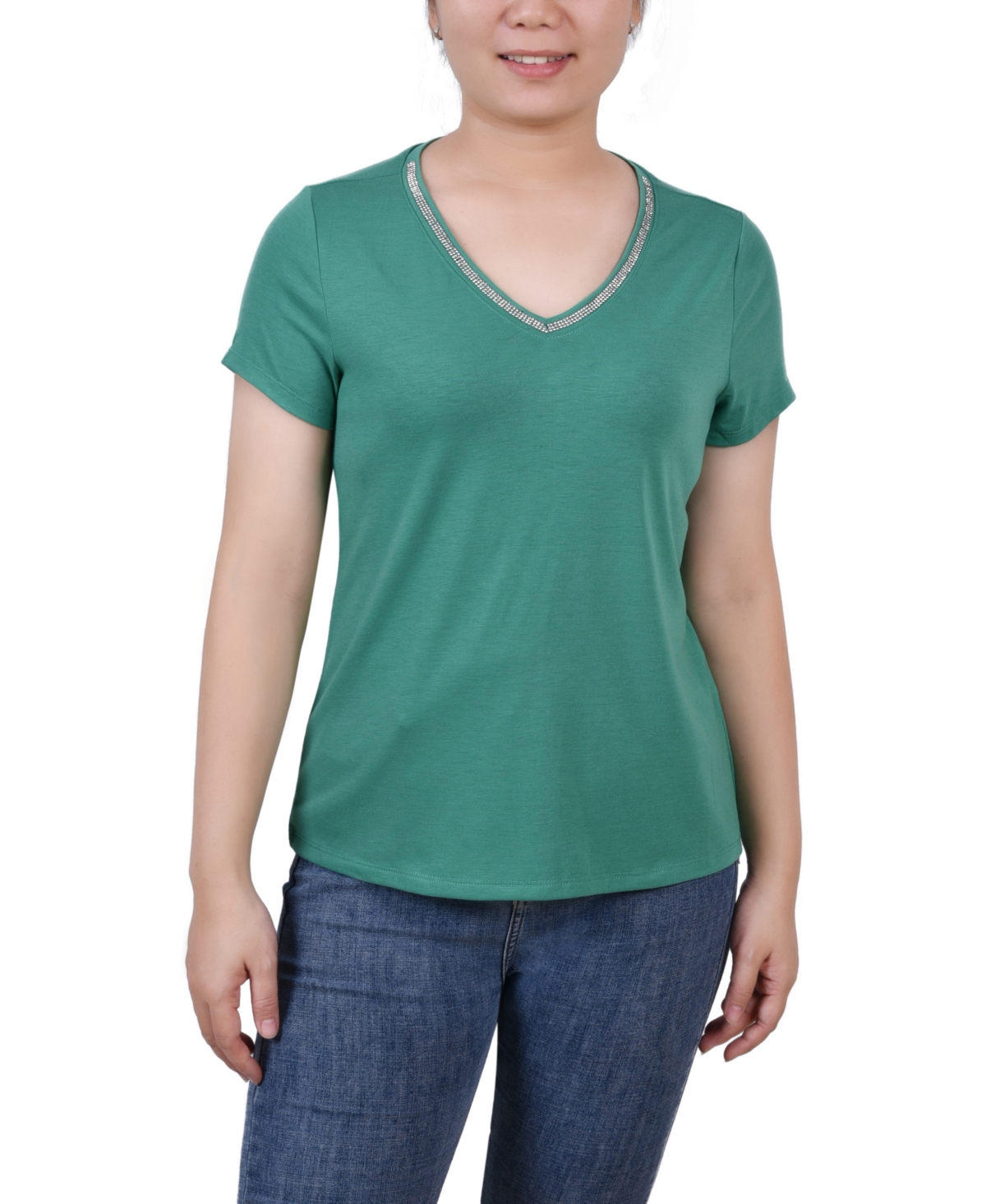 Petite Short Sleeve T-shirt with Stone Details - Emerald