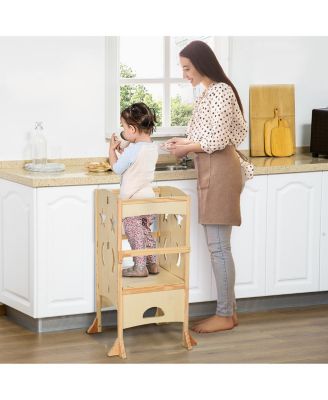 Kids Kitchen Foldable Step Stool w/ Support Safety Rails, Natural