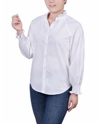 Petite Cinch Sleeve Button Front Blouse