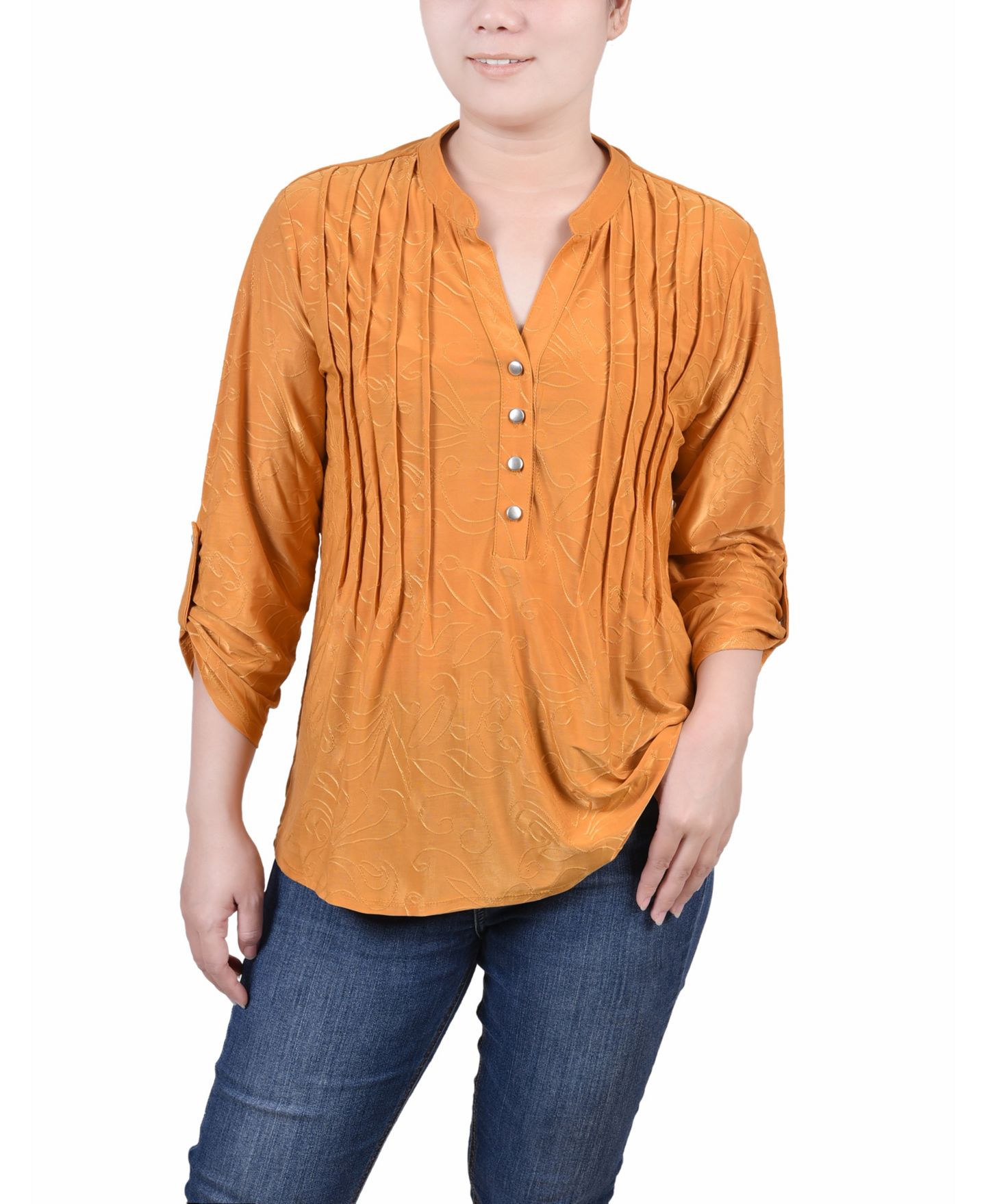 Женский свитер NY Collection Petite 3/4 Roll Tab Pullover Top, цвет: Золотой — фото 1