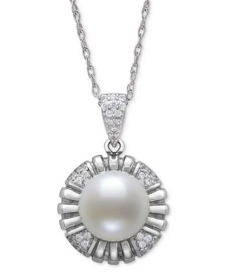 Belle de Mer - Cultured Freshwater Button Pearl (10mm) & Lab-Created White Sapphire (1/2 ct. t.w.) Flower 18" Pendant Necklace in Sterling Silver