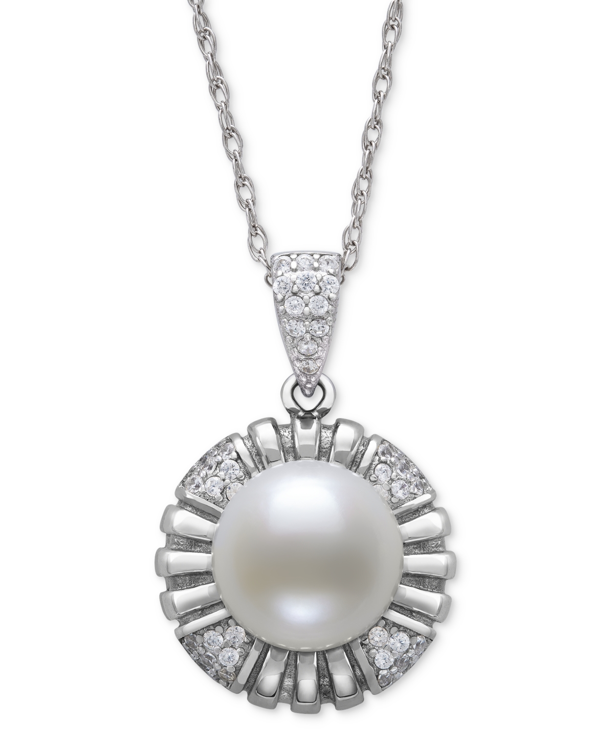 Belle De Mer Cultured Freshwater Button Pearl (10mm) & Lab-created White Sapphire (1/2 Ct. T.w.) Flower 18" Penda In Sterling Silver