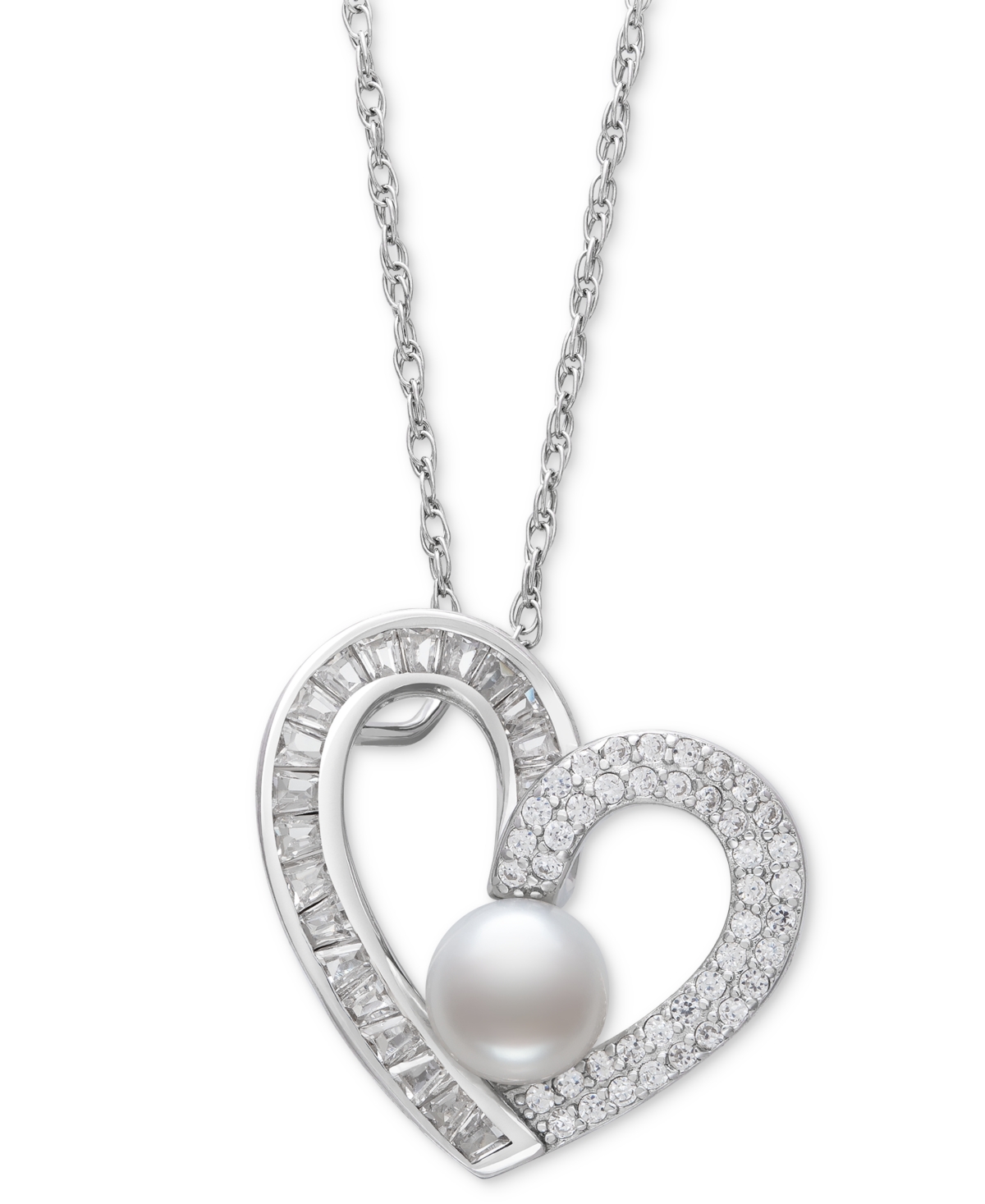 Belle De Mer Cultured Freshwater Button Pearl (6mm) & Cubic Zirconia Heart 18" Pendant Necklace In Sterling Silve In Sterling Silver