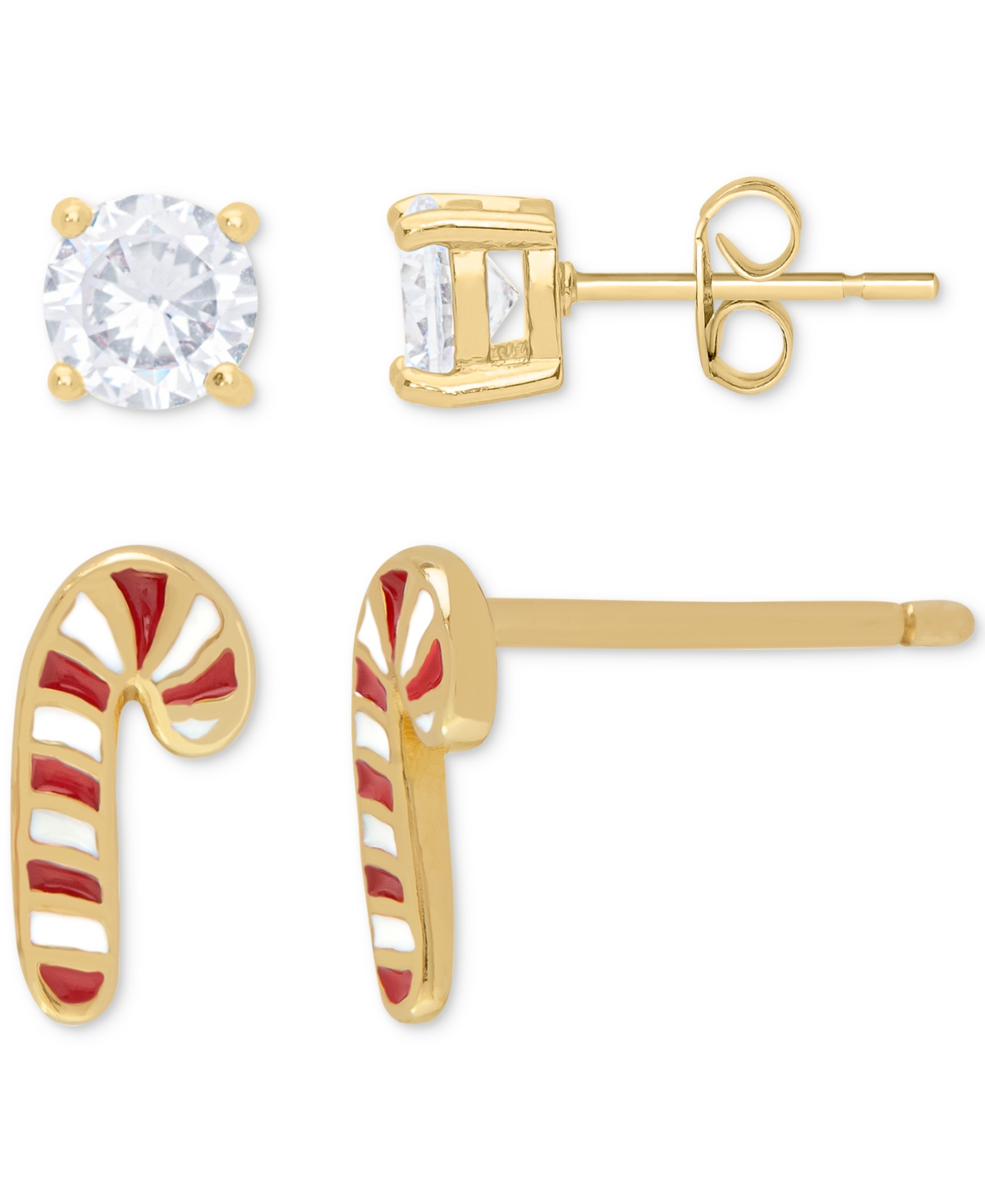 2-Pc. Set Lab-grown White Sapphire (1/3 ct. t.w.) & Enamel Candy Cane Stud Earrings in 14kPlated Sterling Silver - Gold
