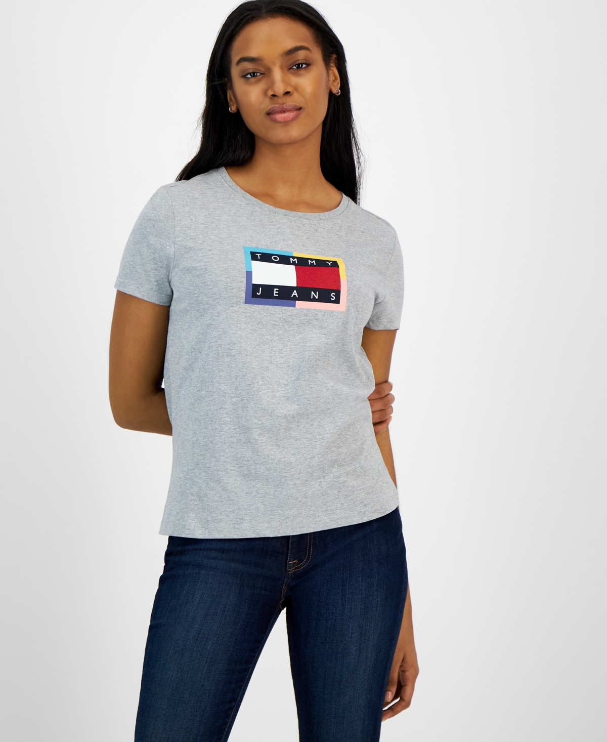 Tommy Women's Cotton Color Border Flag Logo Tee Top In Grey Heather |