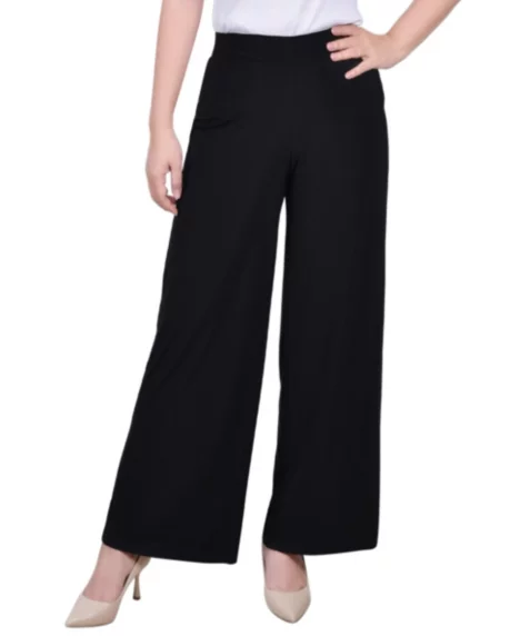Petite Short Mid Rise Pull On Wide-Leg Palazzo Pant - Black