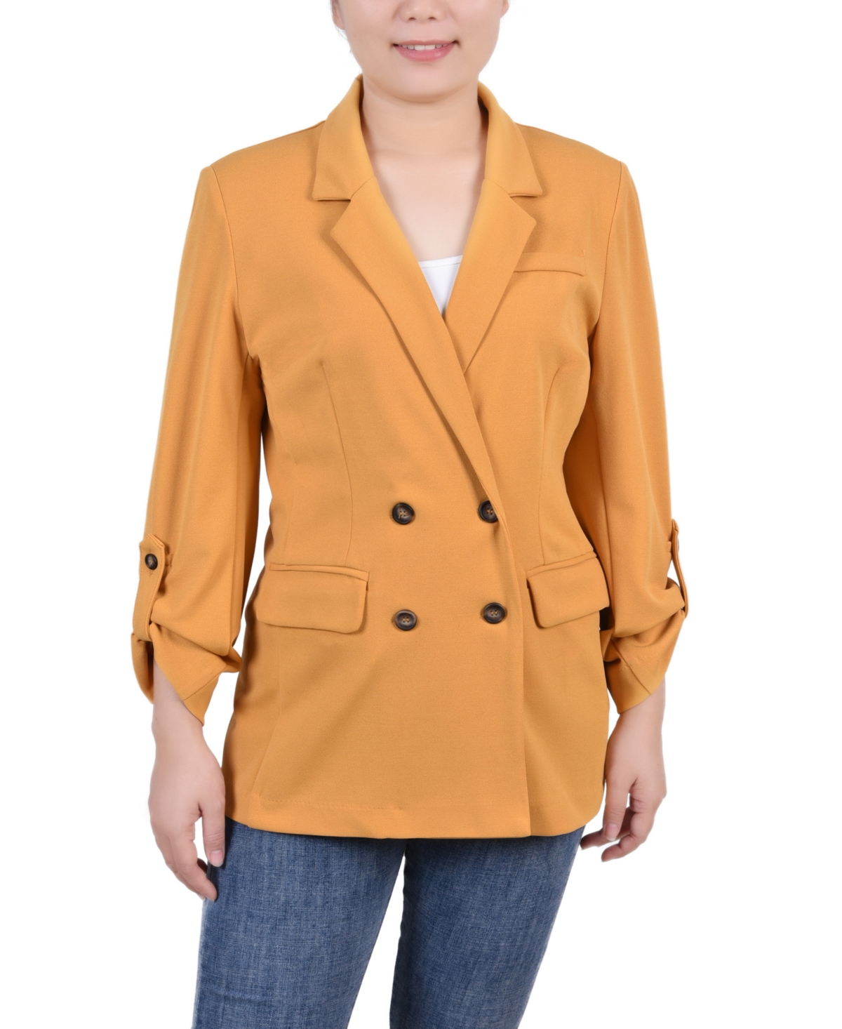 Shop Ny Collection Petite Long Sleeve Double Breasted Crepe Blazer In Tinsel