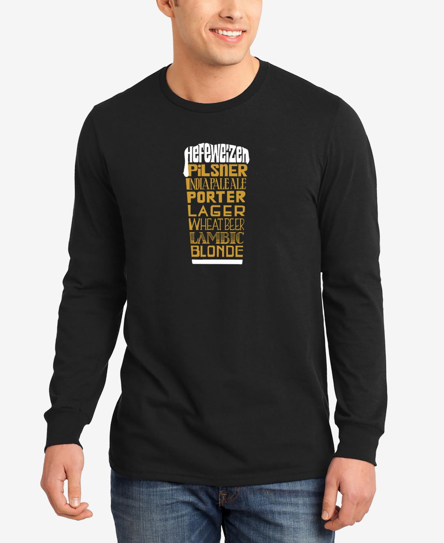 Мужская футболка LA Pop Art Styles of Beer Word Art Long Sleeves, цвет: Чёрный — фото 1