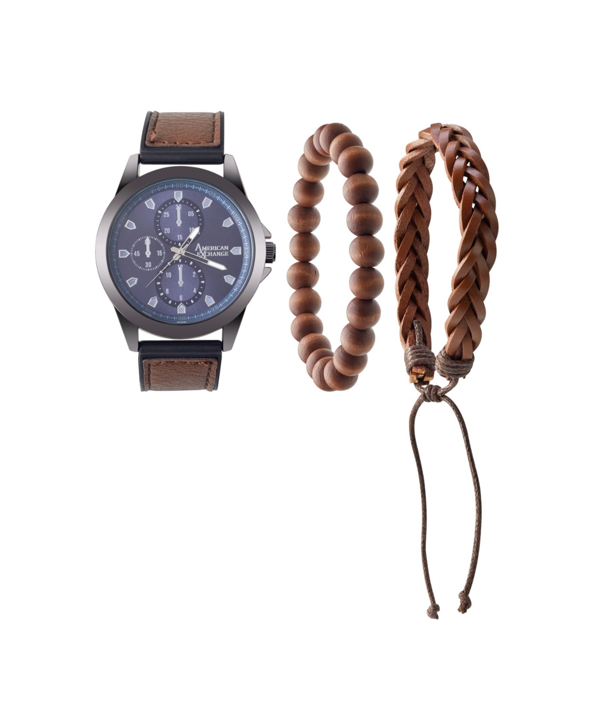 Men's Quartz Movement Brown Leather Analog Watch, 47mm and Stackable Bracelet Set with Zippered Pouch - Brown, Matte Black