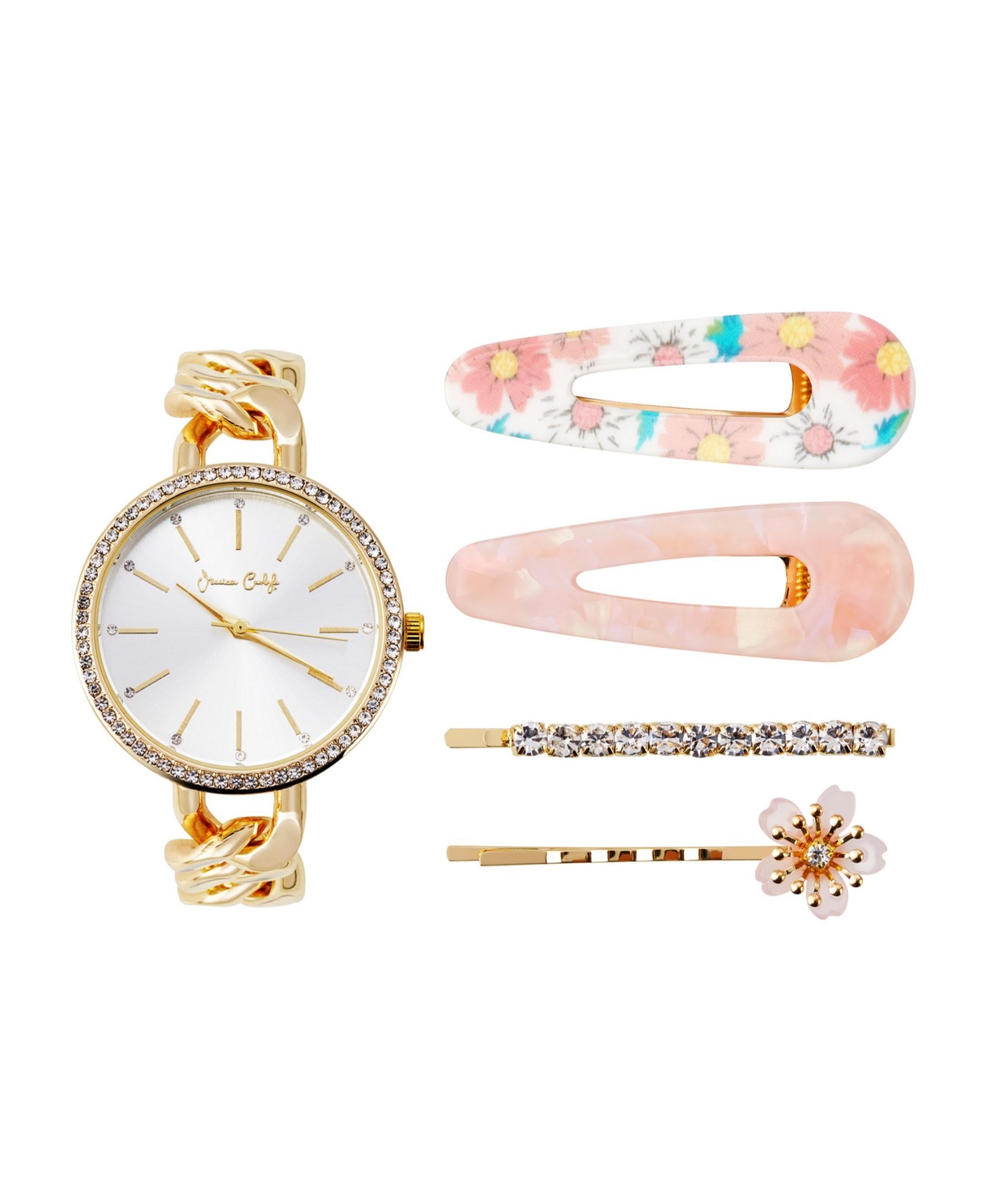 Jessica Carlyle Jessica Carlye Women's Quartz Movement Gold-Tone Bracelet Analog Watch, 34mm with Hair Pin Set