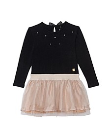 Baby Girl Long Sleeve Dress With Mesh Skirt Black And Beige - Infant