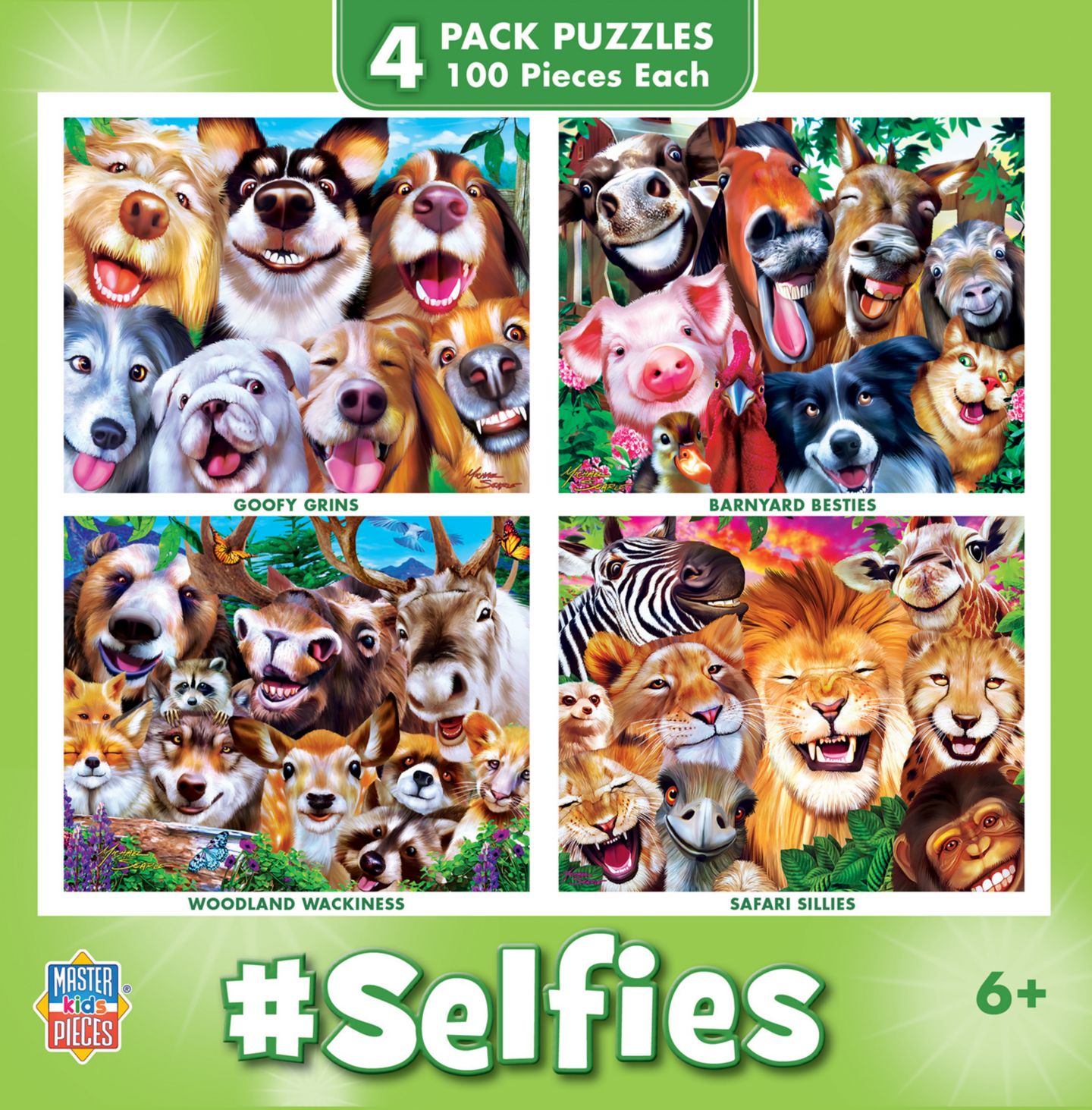 Детские пазлы MasterPieces Puzzles Selfies 4-Pack, 100-Piece Puzzles, от 6 лет, цвет: Разноцветный — фото 1