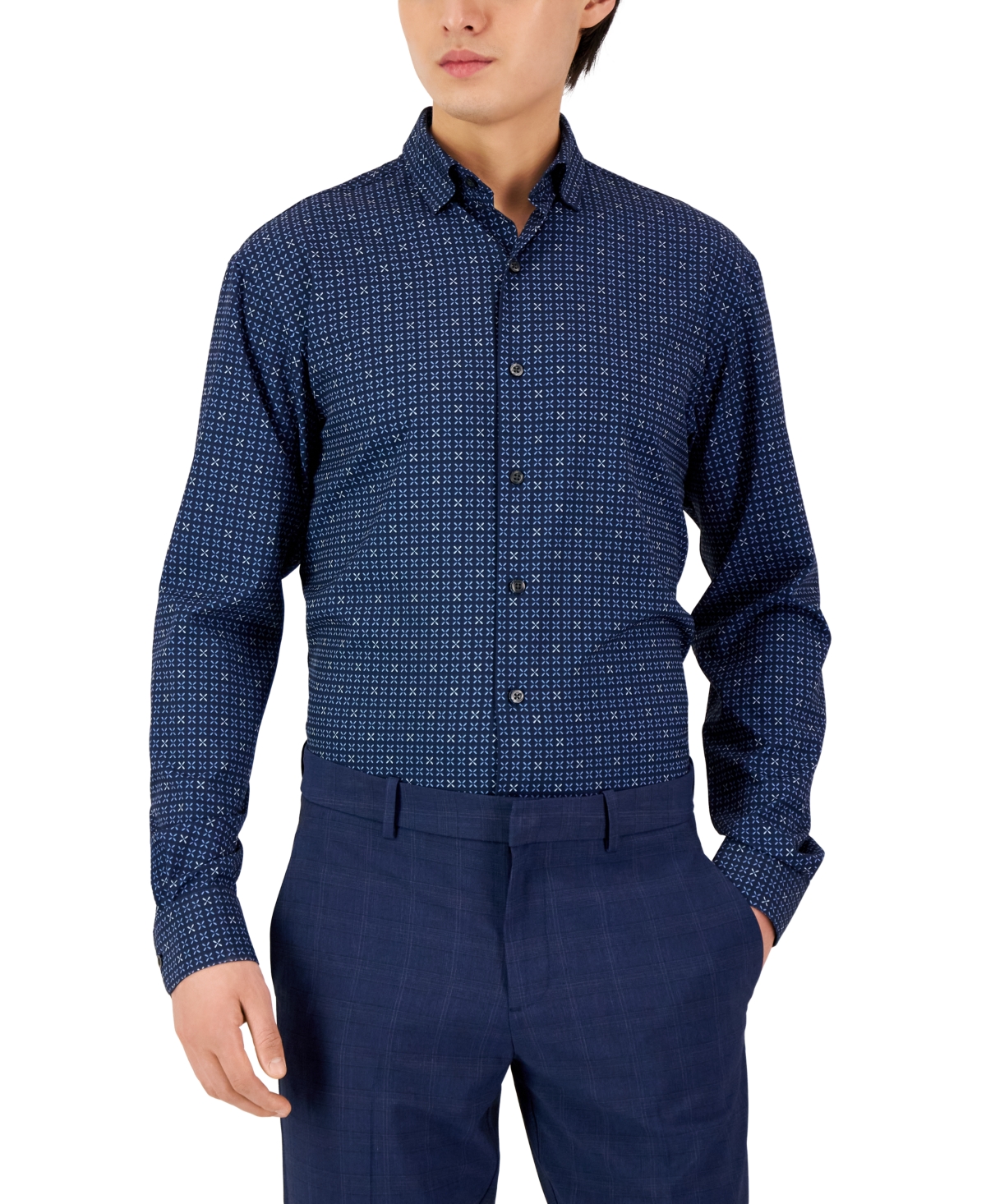 Alfani Men's Regular Fit Travel Ready Geo-print Dress Shirt, Created For Macy's In Navy Blue
