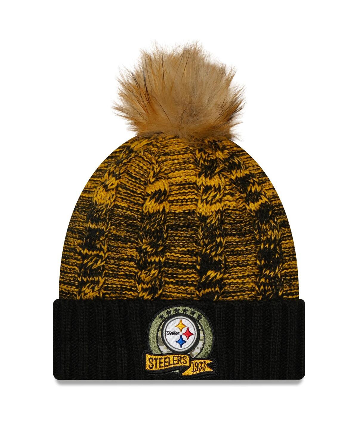 Shop New Era Women's  Black, Yellow Pittsburgh Steelers 2022 Salute To Service Pom Knit Hat In Black,yellow