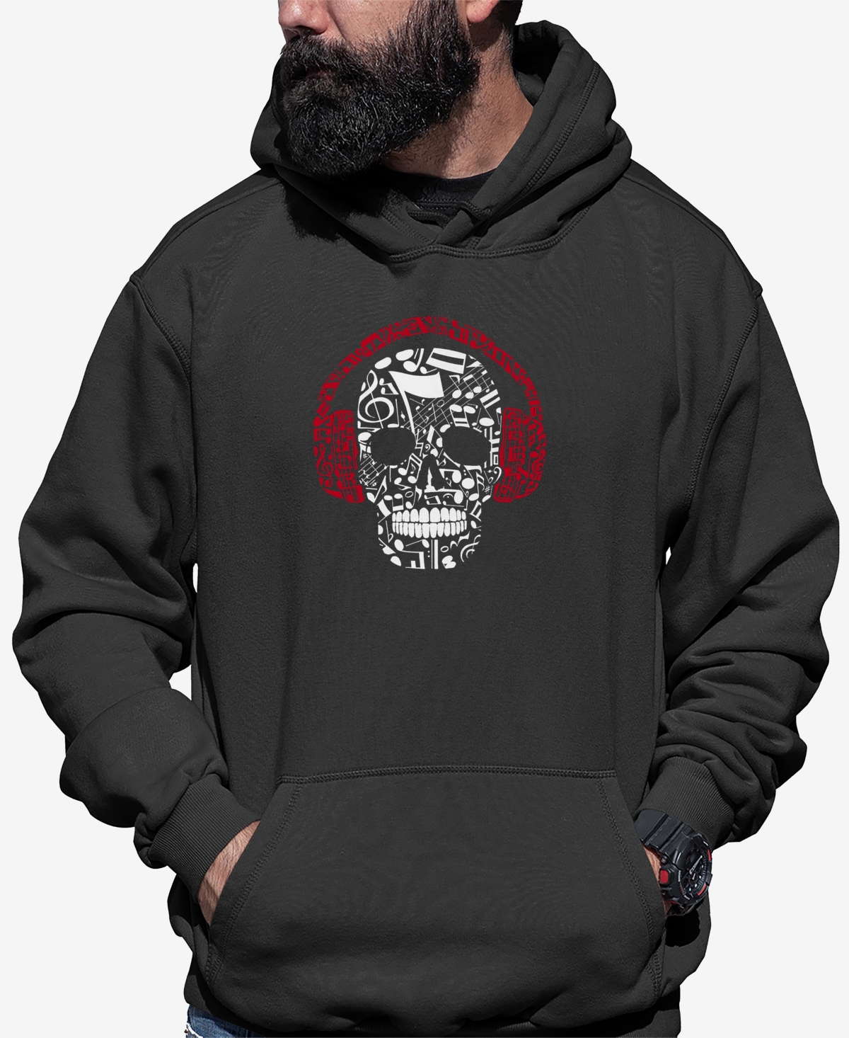 La Pop Art Men's Music Notes Skull Word Art Hooded Sweatshirt