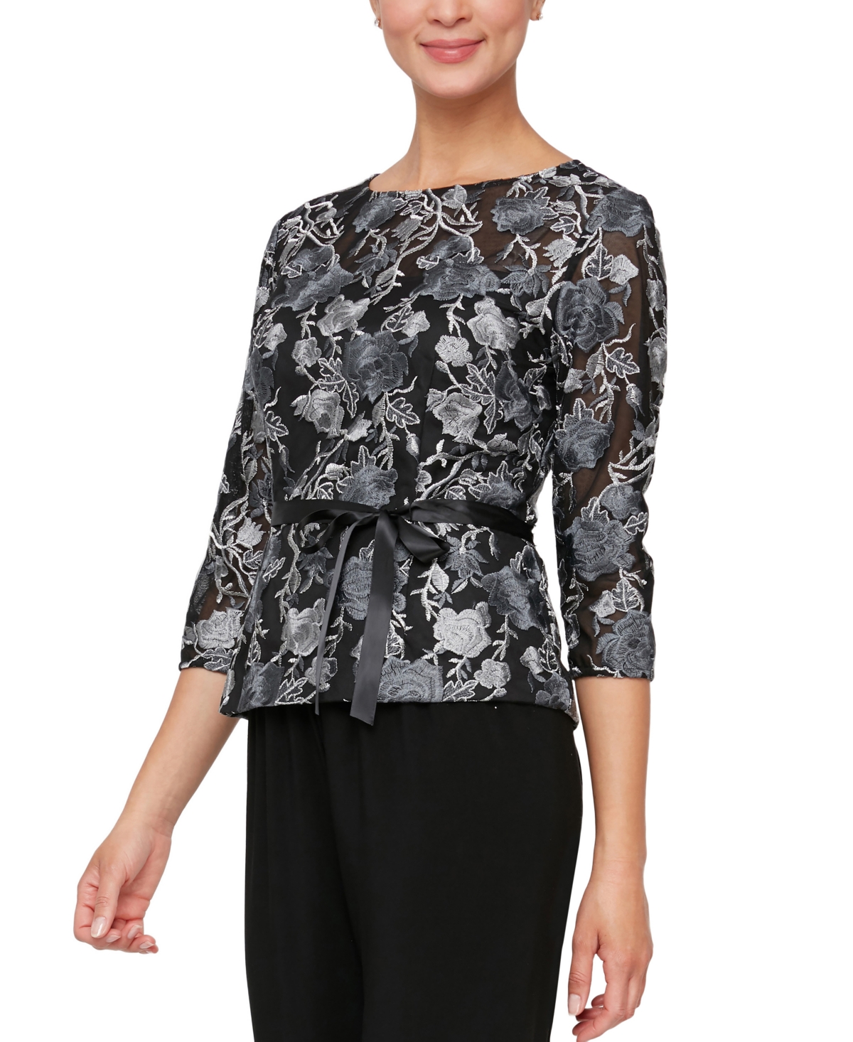  Alex Evenings Women's Printed 3/4 Sleeve Embroidered Tie-Waist Top
