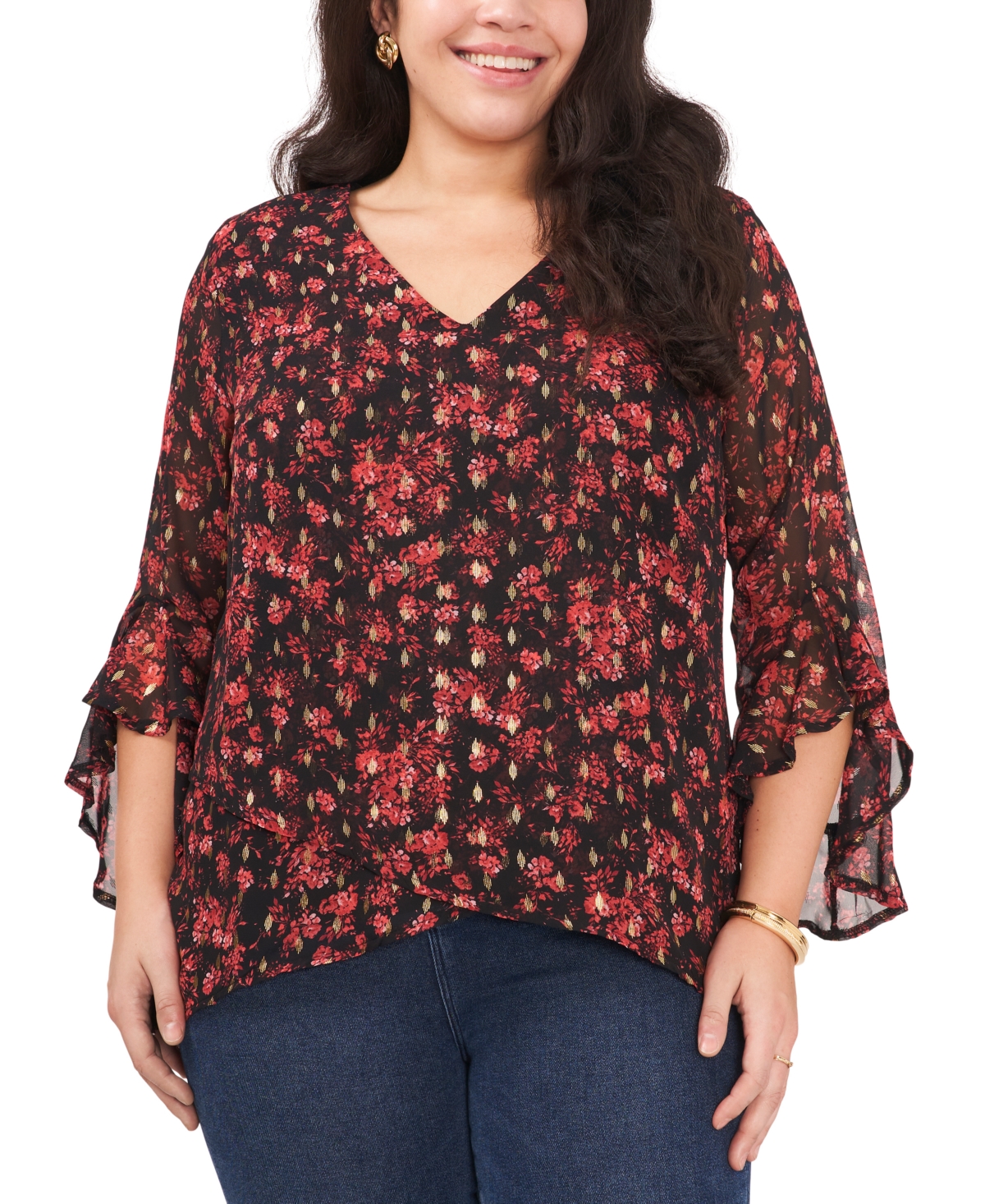 Vince Camuto Plus Size Printed Flutter-Sleeve Top