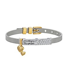 Steel Mesh Bracelet With Unwritten 14K Two Tone Gold Flash-Plated Brass Crystal Mother Daughter Slider Charms