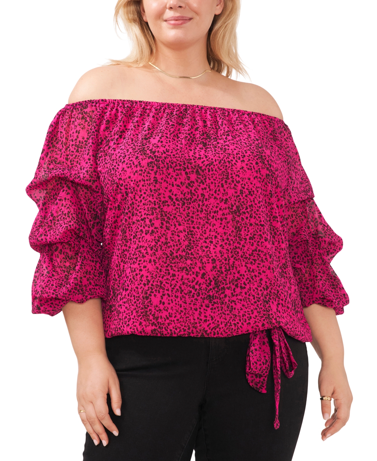 Vince Camuto Plus Size Off-The-Shoulder Bubble-Sleeve Printed Blouse