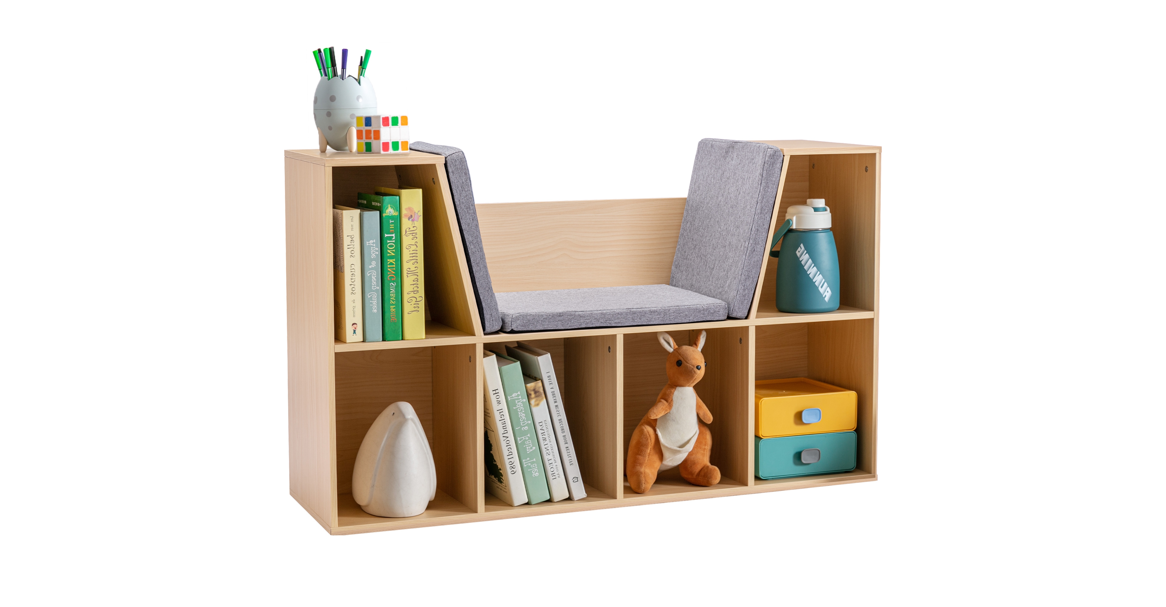 Homcom Kids Cube Organizer with Lounge Chair and Large Cube Shelving, Natural