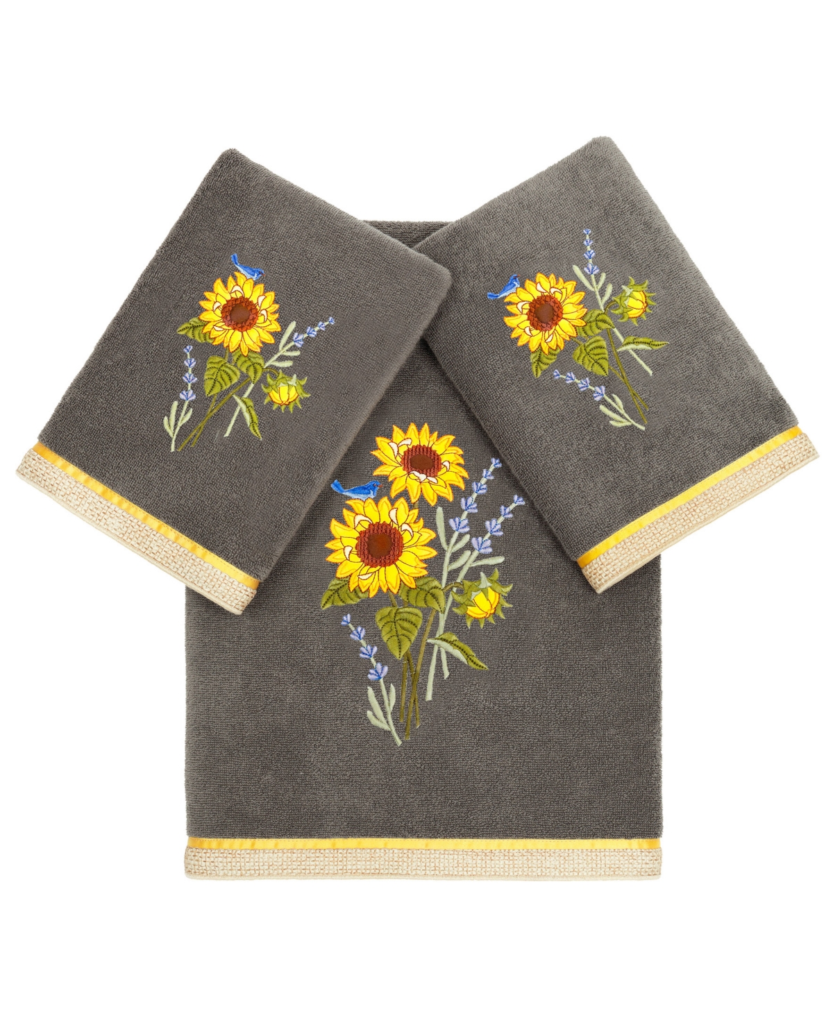 Linum Home Textiles Turkish Cotton Girasol Embellished Towel Set, 3 Piece In Charcoal